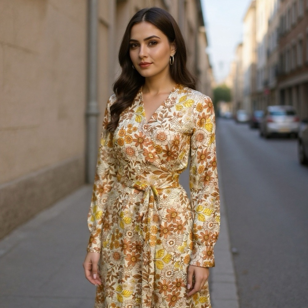 Dress Forum Orange & Cream Floral Satin Wrap Midi Dress
